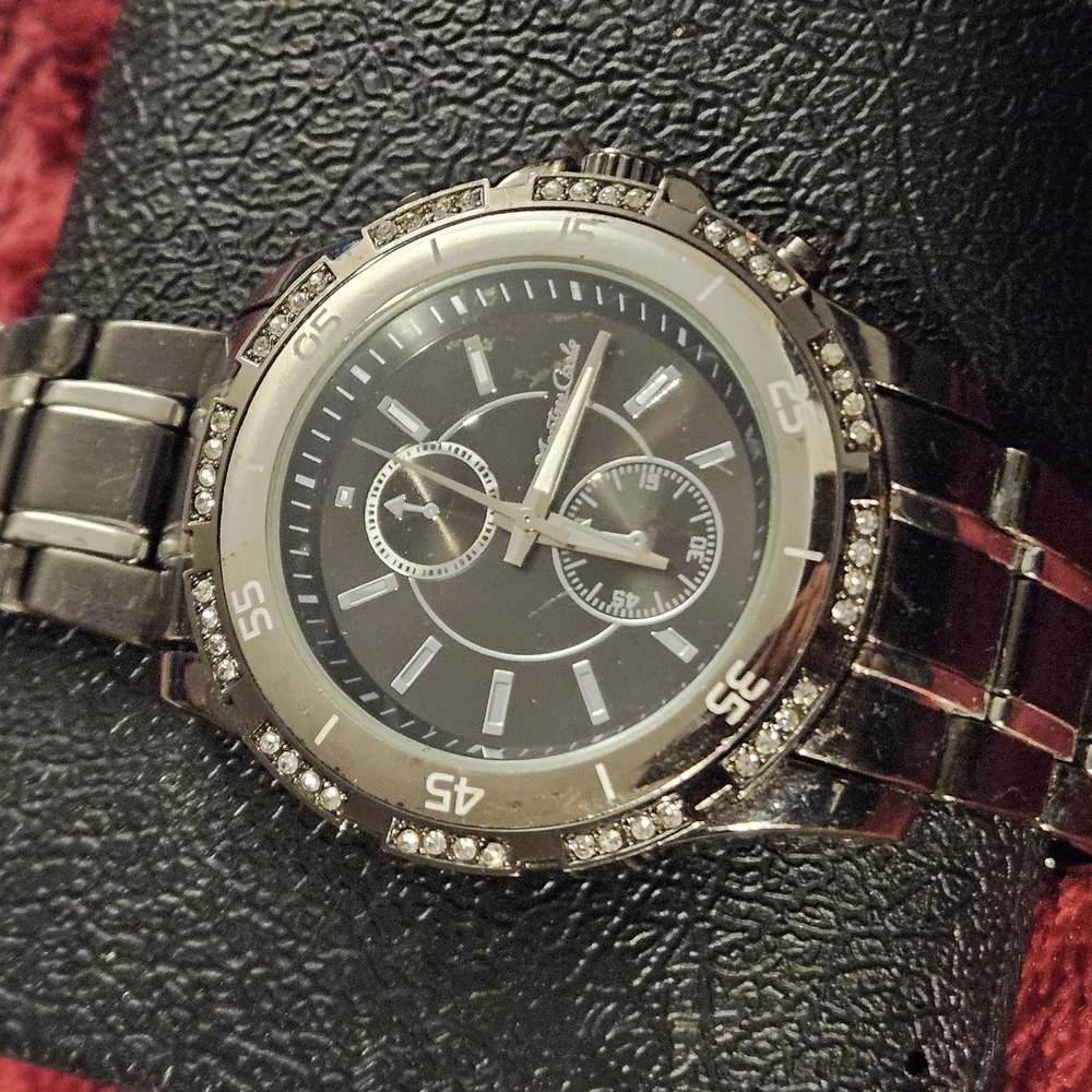 Montres Carlo Mens Silver and Black Watch with Crystal Accents